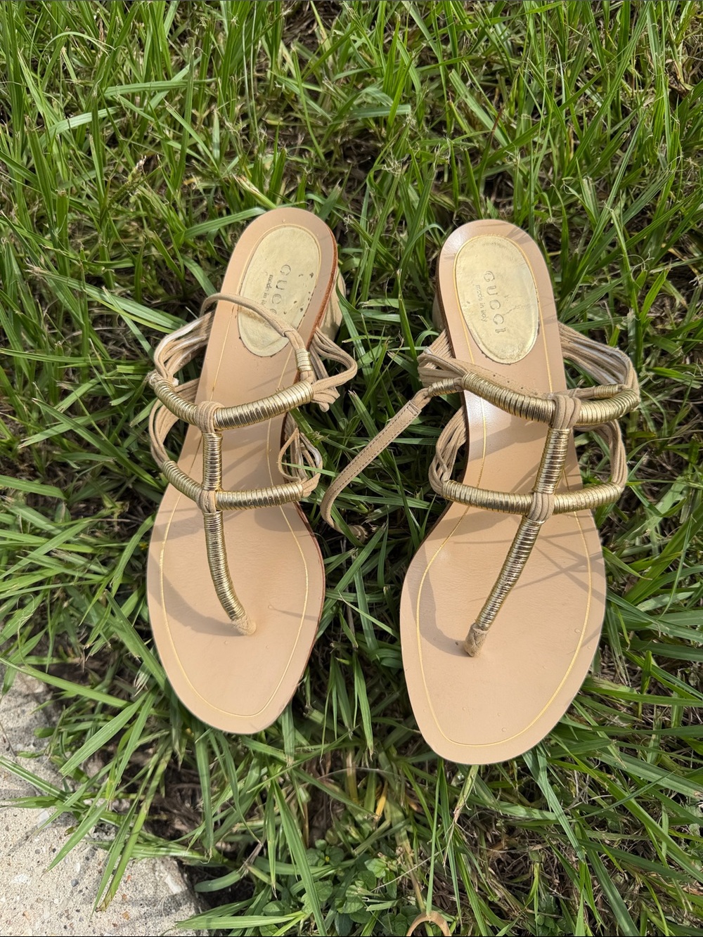 Gucci Metallic Gold Strappy Leather Thong Sandals